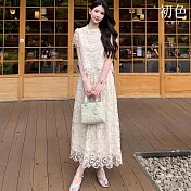 【初色】立體繡花透膚短袖襯衫上衣女上衣+休閒顯瘦純色雙層紗裙中長裙半身裙套裝-杏色-12202(M-XL可選) M 杏色