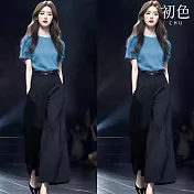 【初色】法式輕熟氣質顯瘦圓領短袖T恤上衣女上衣+純色高腰休閒褲寬褲長褲套裝-藍衣黑褲-12208(M-2XL可選) M 藍衣黑褲
