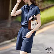 【初色】棉麻風純色夏季襯衫短褲套裝-藏青色-61784(M-2XL可選) M 藏青色