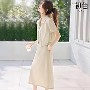 【初色】翻領短袖拉鍊襯衫上衣女上衣+純色修身後開叉半身裙套裝-杏色-12218(M-2XL可選) M 杏色