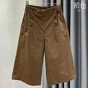 【初色】棉麻風純色鬆緊高腰口袋顯瘦休閒褲寬褲短褲-共4色-12121(M-4XL可選) M 咖啡色