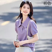 【初色】棉麻風純色刺繡字母翻領POLO領短袖上衣女上衣-紫色-12224(M-2XL可選) M 紫色