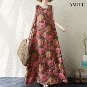 【AMIEE】棉麻度假風沙灘無袖背心連衣裙洋裝(KDDY-9911) FREE 紅花朵