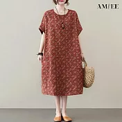 【AMIEE】棉麻碎花短袖過膝連衣裙洋裝(KDDY-8148) FREE 桔碎花