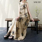 【AMIEE】棉麻度假風印花無袖背心連衣裙洋裝(KDDY-9913) FREE 卡其花