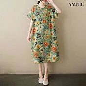 【AMIEE】棉麻大花寬鬆短袖過膝中長款連衣裙洋裝(KDDY-8157) FREE 藍綠花