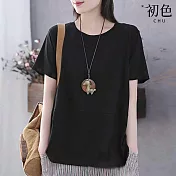 【初色】韓版寬鬆休閒百搭純色圓領短袖T恤上衣-共4色-69370(M-4XL可選) 3XL 黑色