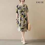 【AMIEE】棉麻大碼印花連衣裙洋裝(KDDY-568) FREE 圖片色