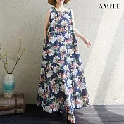 【AMIEE】度假波西米亞風加大無袖印花連衣裙洋裝(KDDY-915) M 圖片色