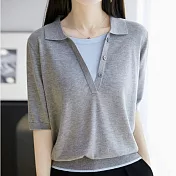 【MsMore】 假兩件針織衫polo領撞色拼接涼爽短袖上衣# 125078 FREE 灰色