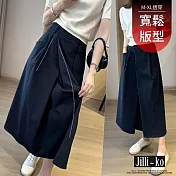 【Jilli~ko】純色不對稱斜打褶開衩長裙 J12222  FREE 深藍