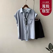 【慢。生活】法式寬鬆設計感捲邊短袖襯衫 J12204  FREE 藍色