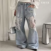 【AMIEE】重工蕾絲破洞拼接闊腿牛仔褲(KDPY-5282) M 圖片色