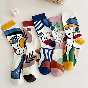 【AnZa】油畫風街頭純棉休閒襪中筒襪(5入/組)      FREE 圖片色