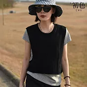 【初色】圓領無袖修身馬甲背心女背心+純色簡約圓領短袖T恤上衣女上衣套裝-黑灰色-12090(M-XL可選) M 黑灰色