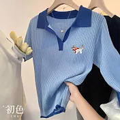 【初色】刺繡小狗坑條寬鬆百搭翻領短袖針織衫上衣女上衣-藍色-12187(F可選) F 藍色
