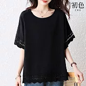 【初色】純色簡約拼接鏤空蕾絲圓領短袖寬鬆中大尺碼T恤上衣女上衣-黑色-12998(L-4XL可選) 4XL 黑色