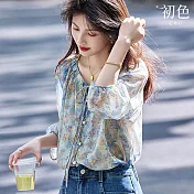 【初色】法式碎花寬鬆顯瘦V領七分袖雪紡襯衫上衣女上衣-藍色-13050(M-2XL可選) 2XL 藍色