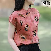 【初色】新中式透氣斜盤釦短袖熊貓印花立領襯衫上衣女上衣-粉色-13090(M-2XL可選) M 粉色