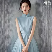 【初色】新中式復古風立領無袖修身改良式旗袍中長連衣裙-藍色-13084(M-2XL可選) M 藍色