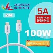 【ADATA 威剛】USB-C to USB-C 5A 100W PD QC 充電傳輸編織線(200cm) 皓月白