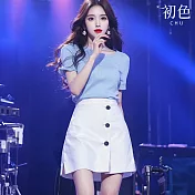 【初色】休閒純色圓領短袖T恤上依女上衣+高腰顯瘦簡約半身裙短裙套裝-藍色-36077(M-2XL可選) M 藍色
