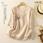 【AMIEE】文藝印花顯瘦套頭短袖上衣T恤(KDTY-1870) 2XL 卡其色