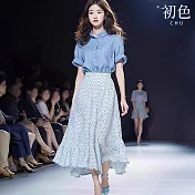 【初色】亞麻風翻領襯衫短袖+鬆緊腰原點波點荷葉邊半身裙長裙套裝-藍色-13127(M-XL可選) M 藍色