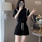 【初色】運動圓領簍空短袖T恤+鬆緊腰抽繩闊腿短褲套裝-共2色-13124(M-2XL可選) M 黑色