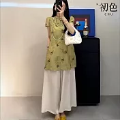 【初色】新中式復古印花立領盤扣短款旗袍+鬆緊腰闊腿褲寬褲長褲套裝-共2色-13125(M-2XL可選) M 綠色