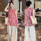 【初色】中式拼色花紋圓領無袖背心上衣女上衣+純色舒適休閒褲寬褲長褲套裝-粉衣白褲-13126(M-XL可選) M 粉衣白褲