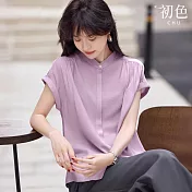 【初色】通勤風氣質純色半立領單排釦連肩短袖襯衫上衣女上衣-紫色-12546(M-2XL可選) L 紫色