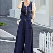 【MsMore】 時尚休閒短袖襯衫高腰寬褲套裝顯瘦兩件式# 125204 M 牛仔藍色