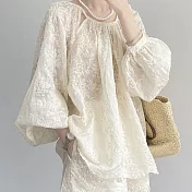 【ACheter】 天絲棉刺繡燈籠袖防曬寬鬆上衣短褲兩件式套裝# 125208 M 米杏色