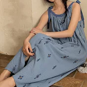 【AnZa】法式雙層棉紗吊帶連身裙長裙   FREE 海藍色