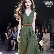 【初色】輕奢透氣無袖純色V領單排釦收腰A字連身裙中長裙連衣裙連身洋裝長裙-綠色-12750(M-XL可選) M 綠色