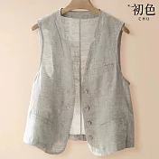 【初色】純色棉麻風輕薄透氣寬鬆薄款V領排扣無袖馬甲背心女背心-共3色-12542(M-3XL可選) M 麻色