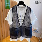 【初色】蕾絲花邊網紗背心女背心+圓領短袖緹花印花T恤上衣女上衣-黑色-12543(M-3XL可選) L 黑色