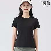 【初色】初色生活 純色輕薄透氣速乾遮陽防曬圓領短袖T恤運動排汗衫上衣-男女款共6色-13242(M-2XL可選) M 女款-黑色