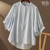 【初色】法式圓領寬鬆單排釦條紋五分袖蝙蝠袖襯衫上衣女上衣-藍色-12555(M-2XL可選) M 藍色