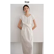 ltyp旅途原品 真絲可水洗皺感乾絲手繪印花花苞連衣裙V領長裙 M L  M 象牙白