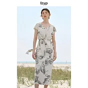 ltyp旅途原品 真絲可水洗皺感乾絲手繪印花花苞連衣裙V領長裙 M L  M 碳灰杏