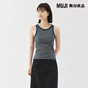 【MUJI 無印良品】女彈性羅紋針織削肩坦克背心 S 煙燻藍橫紋