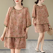 【ACheter】 棉麻印花短袖套裝簡約氣質薄款寬鬆盤扣短褲2件式# 125273 L 橘色