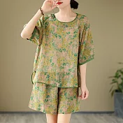 【ACheter】 棉麻印花短袖套裝簡約氣質薄款寬鬆盤扣短褲2件式# 125273 L 綠色