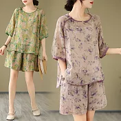 【ACheter】 棉麻印花短袖套裝簡約氣質薄款寬鬆盤扣短褲2件式# 125273 L 紫色