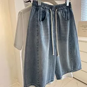 【MsMore】 水洗五分牛仔短褲高腰顯瘦直筒休閒# 125303 M 藍色