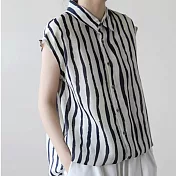 【ACheter】 寬鬆休閒條紋襯衫短袖上衣# 125304 L 藏青色