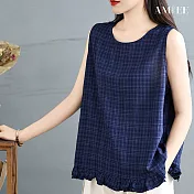 【AMIEE】棉麻文藝復古木耳邊寬鬆顯瘦無袖上衣T恤(KDTY-6188) L 寶藍