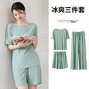 【AnZa】3件組-冰絲涼感無痕上衣短褲長褲(5色)      FREE 湖綠